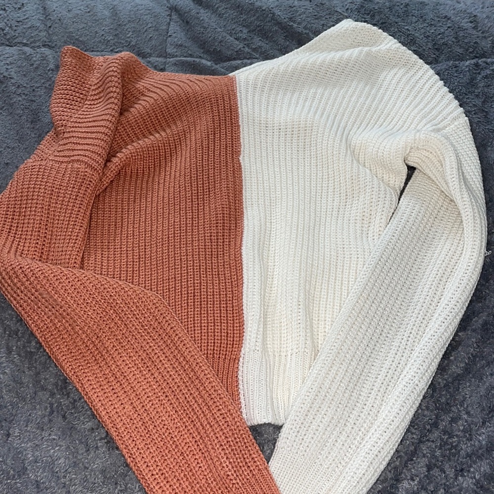 Raga, white and peach color block sweater with knot in back. medium